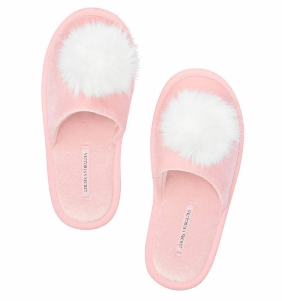 Victorias Secret slippers pink velvet mules with white pom poms new with tag NWT